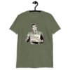 Military green t-shirt with graphic of a retro man holding sign that says 'Ladies, mansplaining is short for man explaining' printed on the front.