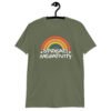 Military green t-shirt with a graphic of a rainbow and the words 'Spread negativity' printed on the front.