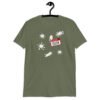 Military green t-shirt with Eileen name tag and white splatters printed on the front.