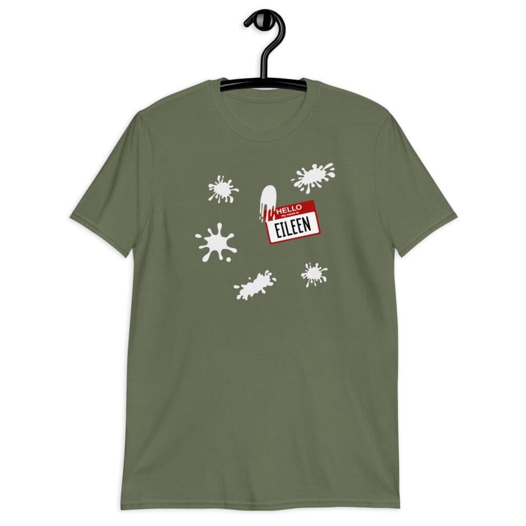 Military green t-shirt with Eileen name tag and white splatters printed on the front.