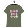 Military green t-shirt with colorful pastel font 'Fuck this shit' graphics printed on the front.