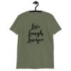 Military green t-shirt with the parody phrase 'Live, Laugh, Lucifer' printed on the front.