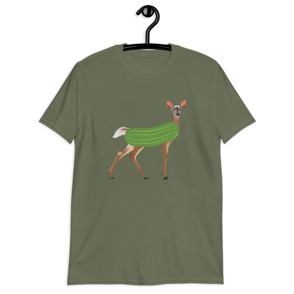 Military green t-shirt with funny image of a doe deer with a dill pickle body printed on the front.