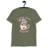 Military green t-shirt that says 'I think about murder' with image of cute fluffy kitten sitting in a teacup printed on the front.
