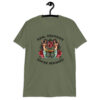 Military green t-shirt with image of 2 mermaids and the text 'Real mermaids smoke seaweed' printed on the front.
