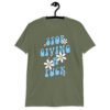 Military green t-shirt with a retro daisy and star design and the text 'Stop giving a fuck' printed on the front.