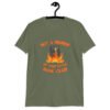 Military green t-shirt with image of a burning bible and the text 'Not a member of your little book club' printed on the front.