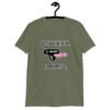 Military green t-shirt that has an image of a strap-on dildo and the words 'Just the tip. I promise.' printed on the front.