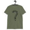 Military green t-shirt with the text 'Question everything' printed on the front. The words are in the shape of a question mark.