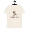Natural color t-shirt with an image of a pigeon and the words 'That's coo.' printed on the front.