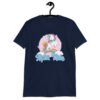 Navy blue t-shirt with funny pastel rainbow unicorn graphics and the words Alpha Male printed on the front.