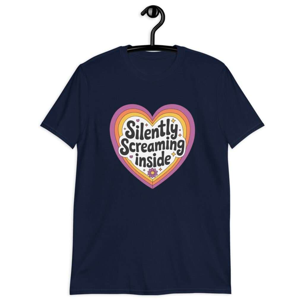 Navy blue t-shirt with a colorful graphic that says 'Silently screaming inside'. The graphics are printed on the front.