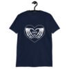 Navy blue t-shirt with a heart and skeleton hands making a heart shape printed on the front. The words 'Cancel Me' are inside of the heart.