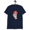 Navy blue t-shirt with an image of a hand over lips making the shh gesture. The words 'Shut the fuck up' are printed on the hand. The graphics are printed on the front.