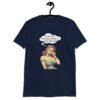 Navy blue t-shirt with an image of a busty pin-up lady with thought bubble that says 'I wish I had serotonin instead of these huge tits' printed on the front.