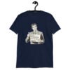 Navy blue t-shirt with graphic of a retro man holding sign that says 'Ladies, mansplaining is short for man explaining' printed on the front.