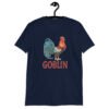 Navy blue t-shirt with an image of a rooster and the word 'Goblin' printed under the rooster. The graphics are printed on the front of the shirt.
