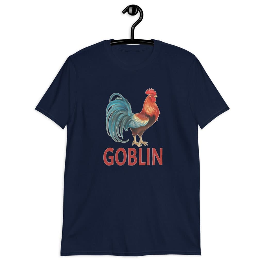 Navy blue t-shirt with an image of a rooster and the word 'Goblin' printed under the rooster. The graphics are printed on the front of the shirt.