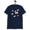 Navy blue t-shirt with Eileen name tag and white splatters printed on the front.