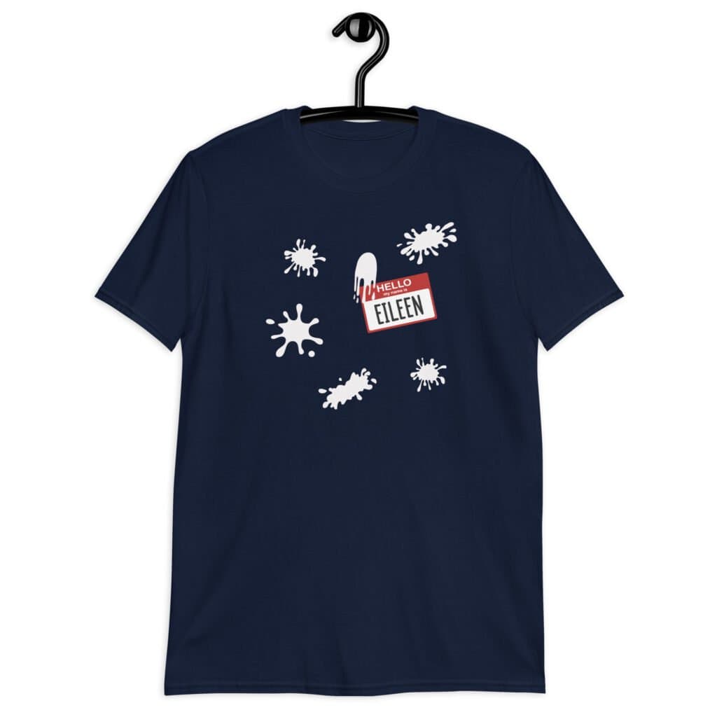Navy blue t-shirt with Eileen name tag and white splatters printed on the front.