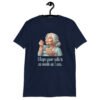 Navy blue t-shirt with an image of grey haired older woman enjoying a bite of a piece of cake with the words 'I hope your cake is as moist as I am' printed on the front.
