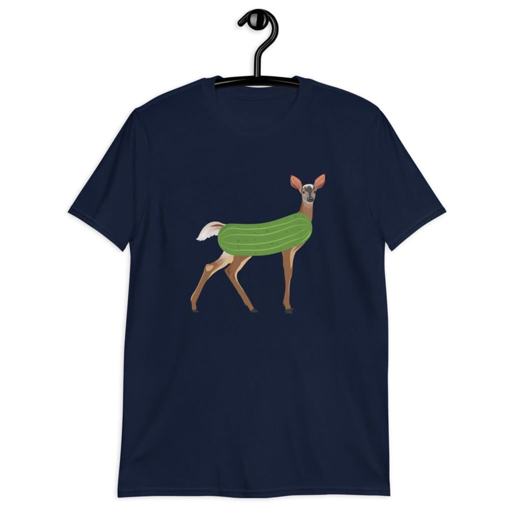 Navy blue t-shirt with funny image of a doe deer with a dill pickle body printed on the front.
