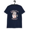 Navy blue t-shirt that says 'I think about murder' with image of cute fluffy kitten sitting in a teacup printed on the front.