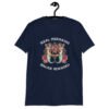 Navy blue t-shirt with image of 2 mermaids and the text 'Real mermaids smoke seaweed' printed on the front.