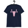 Navy blue t-shirt with image of a pink uterus flipping middle finger graphic printed on the front.