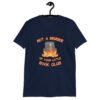 Navy blue t-shirt with image of a burning bible and the text 'Not a member of your little book club' printed on the front.