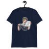 Navy blue t-shirt that has a graphic of an angry looking retro woman holding a knife and a sign. The sign says 'Tell me to calm down. I dare you.' The graphic is printed on the front of the shirt.