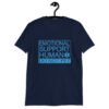 Navy blue t-shirt with the text 'Emotional support human. Do not pet' printed on the front.
