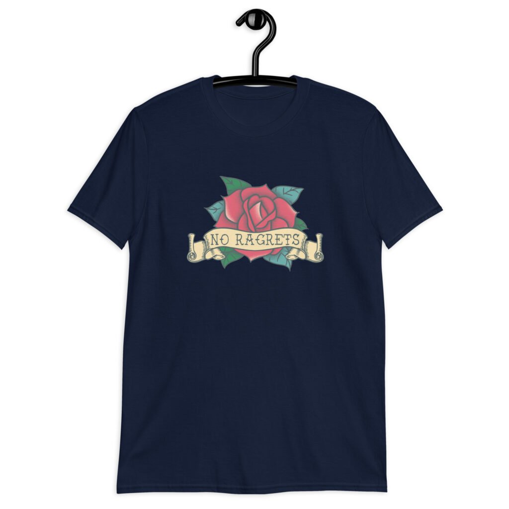 Navy blue t-shirt with funny image of an old school rose flash tattoo with the words 'No ragrets' intentionally misspelled.