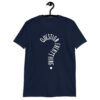 Navy blue t-shirt with the text 'Question everything' printed on the front. The words are in the shape of a question mark.