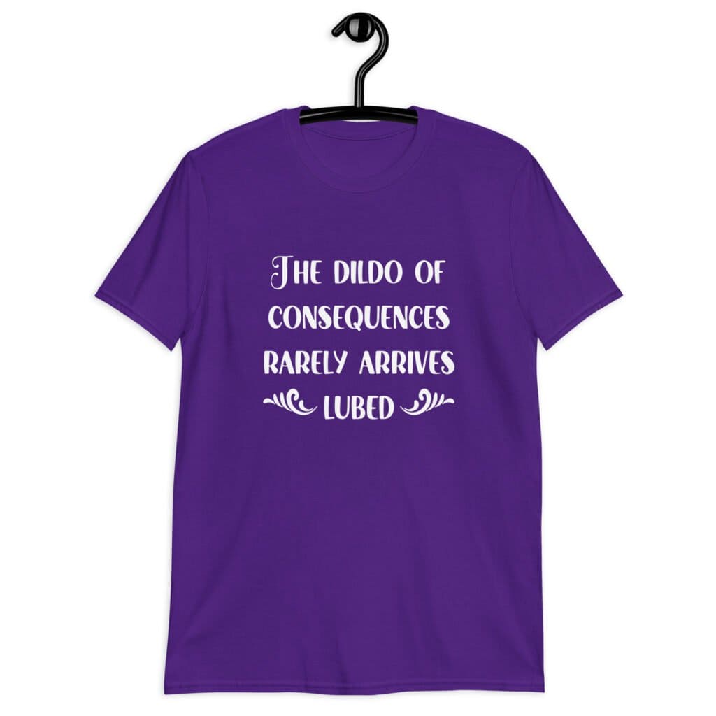 Purple t-shirt with the text 'The dildo of consequences rarely arrives lubed' printed on the front.