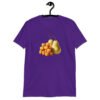 Purple t-shirt with an image of tater tots and two pears printed on the front.