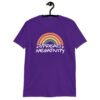 Purple t-shirt with a graphic of a rainbow and the words 'Spread negativity' printed on the front.