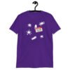 Purple t-shirt with Eileen name tag and white splatters printed on the front.