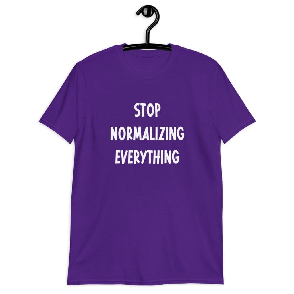 Purple t-shirt with the text 'Stop normalizing everything' printed on the front.