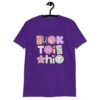 Purple t-shirt with colorful pastel font 'Fuck this shit' graphics printed on the front.