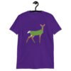 Purple t-shirt with funny image of a doe deer with a dill pickle body printed on the front.