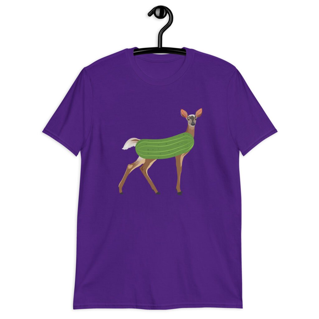 Purple t-shirt with funny image of a doe deer with a dill pickle body printed on the front.