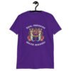 Purple t-shirt with image of 2 mermaids and the text 'Real mermaids smoke seaweed' printed on the front.