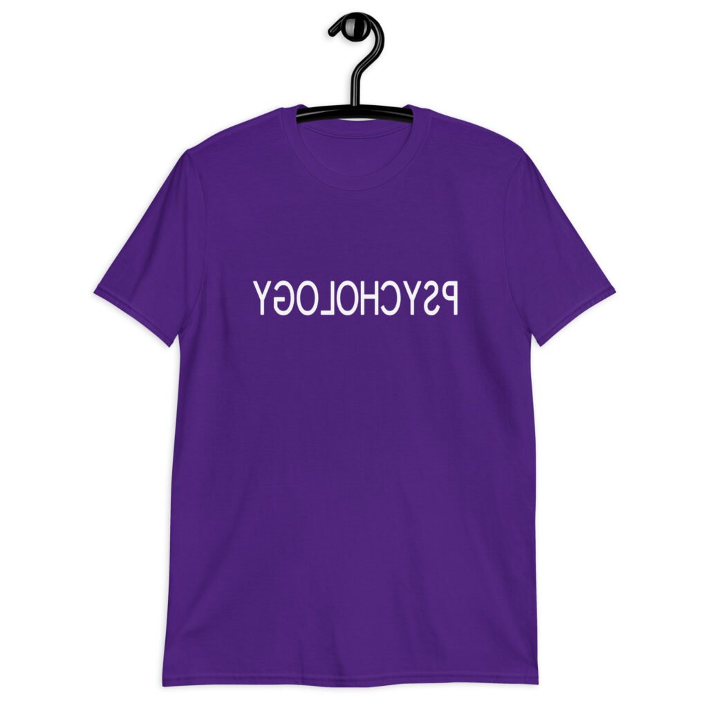 Purple t-shirt with the word Psychology printed in reverse on the front.