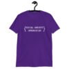 Purple t-shirt with the text 'Social anxiety intensifies' printed on the front.