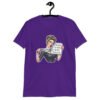 Purple t-shirt that has a graphic of an angry looking retro woman holding a knife and a sign. The sign says 'Tell me to calm down. I dare you.' The graphic is printed on the front of the shirt.