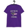 Purple t-shirt that has an image of a strap-on dildo and the words 'Just the tip. I promise.' printed on the front.