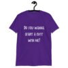 Purple t-shirt with the text 'Do you wanna start a cult with me' printed on the front.