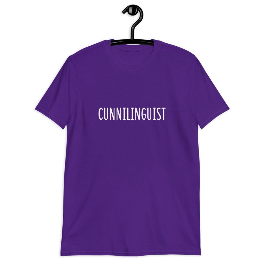 Purple t-shirt with the word 'Cunnilinguist' printed on the front.