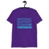 Purple t-shirt with the text 'Emotional support human. Do not pet' printed on the front.